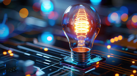 This captivating image features a futuristic light bulb placed on a circuit board, showcasing glowing patterns that symbolize innovation and creativity in technology.の素材