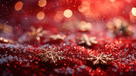 A captivating close-up of sparkling snowflakes resting on a vibrant red background, enhanced by a soft bokeh effect that radiates holiday cheer.の素材