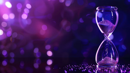 A stunning hourglass filled with glimmering sand sits against a dreamy purple backdrop, capturing the essence of time's passage and life's transitions beautifully.の素材