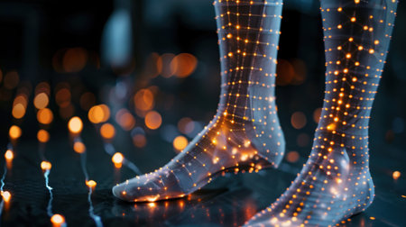 A pair of feet shines with glowing lights, surrounded by twinkling decorations in a darkened setting. This image captures the essence of artistic creativity and unique ambiance.の素材