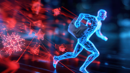 A vibrant digital illustration depicting a human figure in motion with a briefcase, surrounded by dynamic light trails and abstract patterns, symbolizing energy and progress.の素材