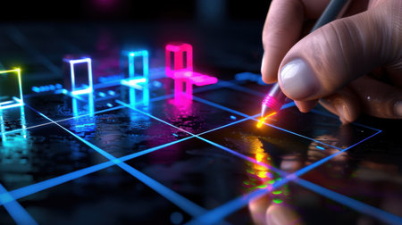 A close-up view of a hand drawing colorful neon graphs on a dark wet surface, showcasing creativity and modern technology in artistic design and analysis.の素材