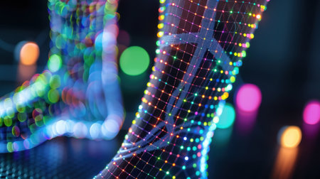 A close-up view of a leg adorned with vibrant LED lights creating a stunning display, enhancing the festive ambiance with colorful patterns and soft bokeh.の素材