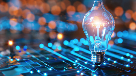 A stunning light bulb illuminates a vibrant circuit board, surrounded by glowing elements in a modern, high-tech atmosphere, symbolizing innovation.の素材