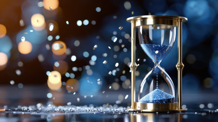 This elegant hourglass features blue sand against a shimmering bokeh backdrop, symbolizing the passage of time and the beauty found in moments.の素材