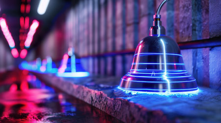 A stunning capture of bell fixtures illuminated by neon lights within an industrial setting, showcasing reflections and vibrant colors.の素材