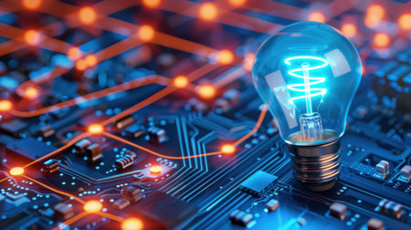 A vibrant light bulb shines against a detailed technology circuit board, symbolizing innovation and creativity in the digital age. The glowing effect and intricate patterns create a captivating visual experience.の素材