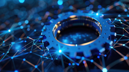 This image depicts an abstract representation of technology featuring a gear surrounded by a digital network, glowing with blue and orange hues.の素材