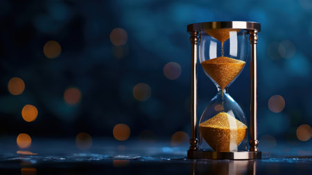A stunning hourglass featuring golden sand contrasts beautifully against a blurred blue backdrop, capturing the essence of time's fleeting nature in an elegant still life composition.の素材