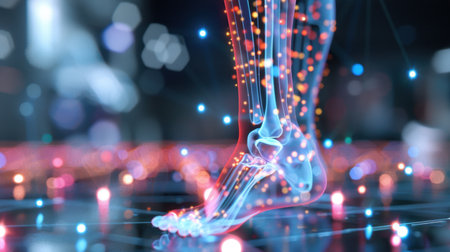This stunning 3D render showcases the human foot anatomy, highlighting bones and joints. Colorful particles symbolize biomechanics, emphasizing health and science.の素材