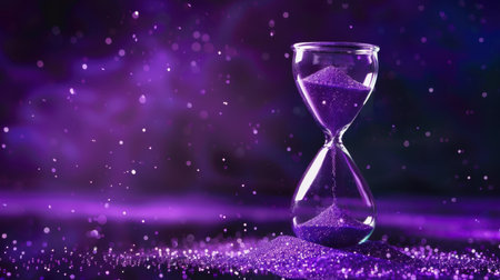 A captivating hourglass filled with purple sand sits against a dreamy background adorned with sparkles, evoking a sense of mystery and elegance.の素材