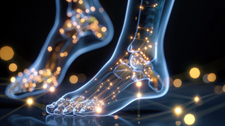 A futuristic illustration showcasing the intricate anatomy of the human foot, featuring glowing neon elements and digital connections for educational purposes.の素材