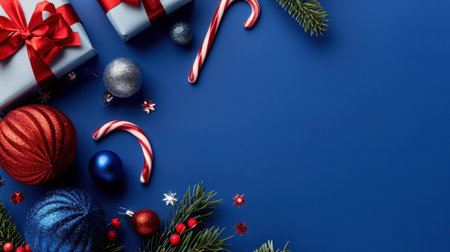 A vibrant arrangement of colorful Christmas gifts, shiny ornaments, and candy canes set against a rich blue background, evoking holiday cheer and festive spirit.の素材