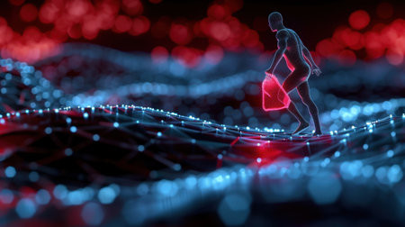 This captivating image features a human figure navigating a vibrant digital landscape, surrounded by flowing neon light waves, symbolizing innovation and technology.の素材