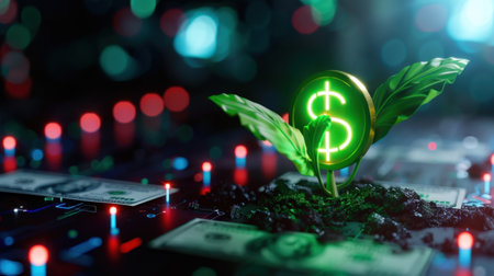 A vibrant green plant emerges from rich soil, topped with a glowing dollar symbol coin against a digital backdrop, symbolizing the intersection of financial growth and sustainable investment.の素材