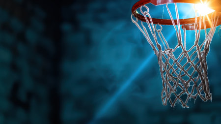 Captivating close-up of a basketball hoop and net illuminated by arena lights, showcasing the energy and excitement of a sports game in action.の素材