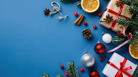 A colorful holiday arrangement featuring gifts, dried oranges, spices, and ornaments on a vibrant blue background, perfect for capturing the joyful season.の素材