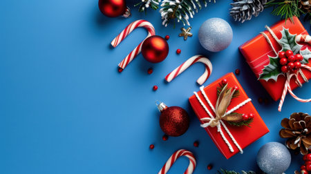 Discover a vibrant holiday arrangement featuring red gifts, candy canes, and shiny ornaments against a bright blue backdrop, perfect for Christmas cheer.の素材