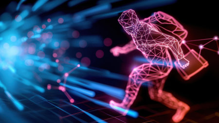 This dynamic digital artwork showcases an abstract runner with a backpack in vivid neon colors, emphasizing energy and movement through light trails.の素材