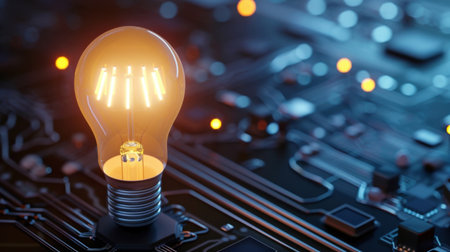A stunning image of a glowing light bulb atop a circuit board, symbolizing innovation and technology while highlighting the beauty of modern electronics.の素材