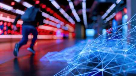 A captivating image depicting a figure in motion within a futuristic setting filled with bright lights and abstract network visuals, emphasizing speed and innovation.の素材