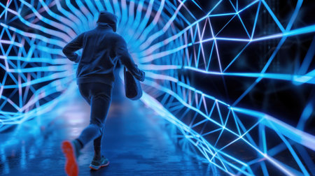A dynamic silhouette of a runner racing through a captivating neon tunnel, showcasing vibrant blue lights and geometric patterns that evoke energy and motion.の素材