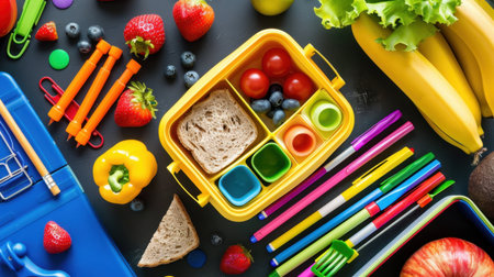 A vibrant and colorful lunchbox filled with fresh fruits and vegetables, ideal for childrenの素材