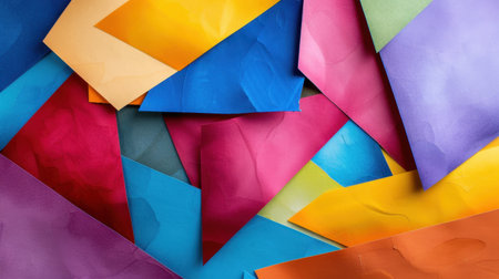 A vibrant arrangement of colorful sheets of paper creates a striking background ideal for graphic design projects, crafting ideas, and artistic endeavors.の素材