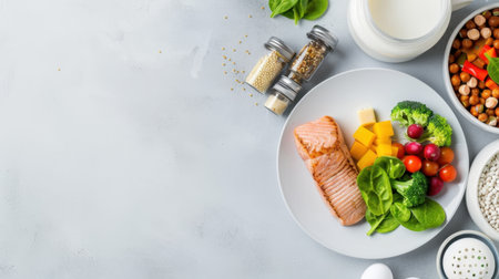 A collection of fresh ingredients, including salmon, spinach, broccoli, and tomatoes, arranged beautifully for meal preparation. Ideal for health-focused cooking.の素材