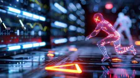 A vibrant digital scene featuring a glowing figure in motion set against a backdrop of advanced technological elements, symbolizing innovation.の素材
