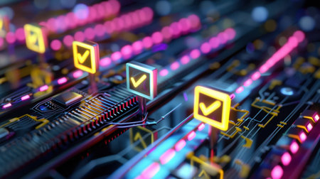 This image features a vibrant, futuristic design showcasing glowing check marks on a circuit board, symbolizing technology, innovation, and connectivity.の素材