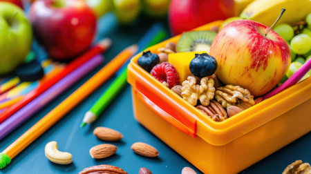 A vibrant lunchbox overflowing with a variety of fresh fruits and nuts, showcasing healthy eating choices ideal for children and active lifestyles.の素材