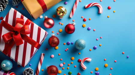 A vibrant arrangement of Christmas gifts, ornaments, and sweet treats on a bright blue background, creating a joyful holiday atmosphere.の素材