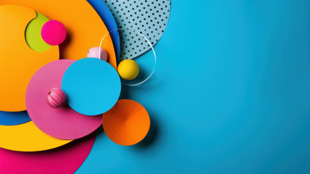 This image showcases a vibrant arrangement of colorful geometric shapes, featuring circles and playful elements against a bright blue background. Perfect for design!の素材