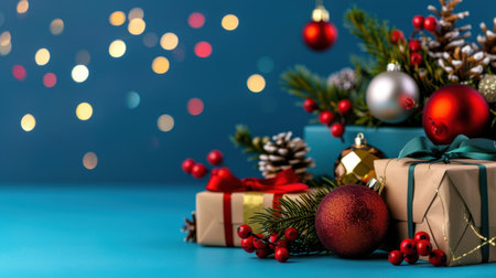 This vibrant Christmas scene features beautifully wrapped presents surrounded by ornaments and pine branches on a blue background, perfect for holiday themes.の素材