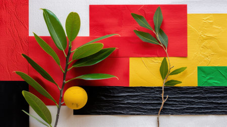 A captivating arrangement featuring colorful geometric shapes, fresh leaves, and a playful yellow ball, showcasing harmony and creativity in design.の素材