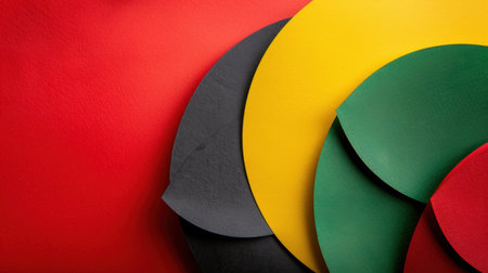 This image showcases a beautiful arrangement of colorful circular papers layered on a bold red background. Featuring black, yellow, green, and red shades, this abstract composition brings together vibrant colors and textures, creating an eye-catching visual perfect for creative projects.の素材
