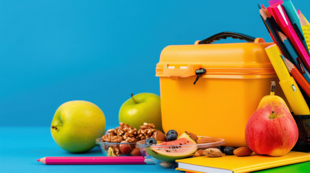 A vibrant yellow lunchbox sits surrounded by fresh fruits and healthy snacks including apples and walnuts, along with assorted stationery items for school or work.の素材