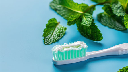 A vibrant composition featuring a toothbrush adorned with mint-flavored toothpaste alongside fresh mint leaves on a soft blue background. Ideal for wellness and dental care themes.の素材