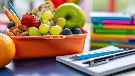 A vibrant and healthy snack box filled with fresh fruits and nuts sits next to colorful stationery on a school desk, promoting wellness and nutrition during study time.の素材