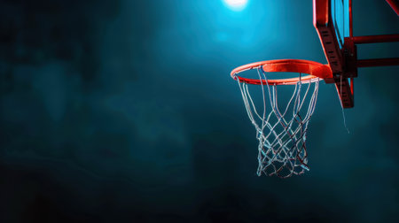 A dramatic photograph capturing a basketball hoop under enchanting blue and black lighting. This image emphasizes the essence of sports and competition.の素材