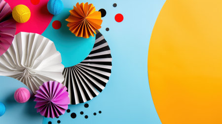 Vibrant paper decorations, colorful balloons, and playful elements create a festive atmosphere on a bright backdrop. Perfect for party planning and event decor.の素材