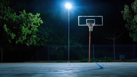 A serene basketball court at night, illuminated by a bright streetlight, surrounded by trees. The scene evokes tranquility and solitude in an urban setting.の素材