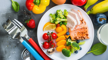 Indulge in a vibrant and nutritious meal featuring grilled salmon, fresh broccoli, cherry tomatoes, and a variety of seasonal fruits on a rustic table setting.の素材