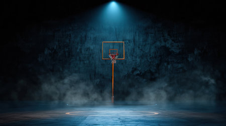 A dramatic basketball court scene featuring a solitary hoop illuminated by a spotlight amidst swirling fog, perfect for sports-themed visuals.の素材