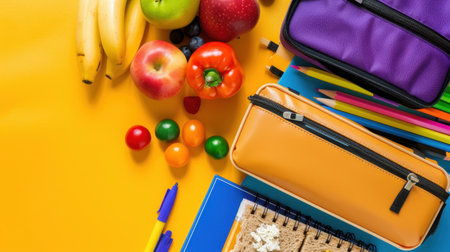 A vibrant arrangement of school supplies and fresh fruits on a bright yellow background, perfect for back to school themes and promoting healthy eating.の素材