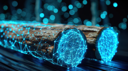 This striking digital artwork showcases a pair of wooden logs intertwined with glowing network connections, symbolizing the fusion of technology and nature.の素材