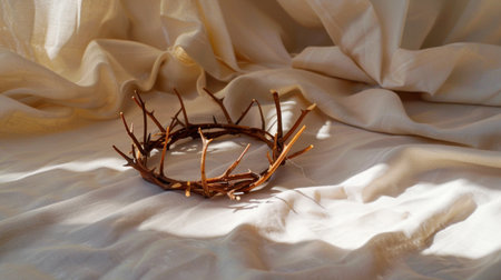 This beautiful crown made of twigs and branches rests elegantly on soft cream fabric, creating a serene and organic atmosphere perfect for decor or photography.の素材