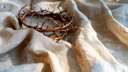 This artistic composition features a delicate crown made of twigs resting on soft, textured fabric, creating a serene atmosphere for diverse themes.の素材