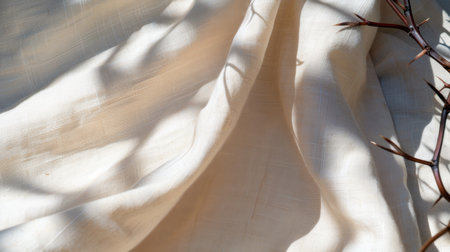 This image features a softly draped fabric with intricate textures and gentle shadows, complemented by natural thorns, creating a serene and elegant ambiance.の素材